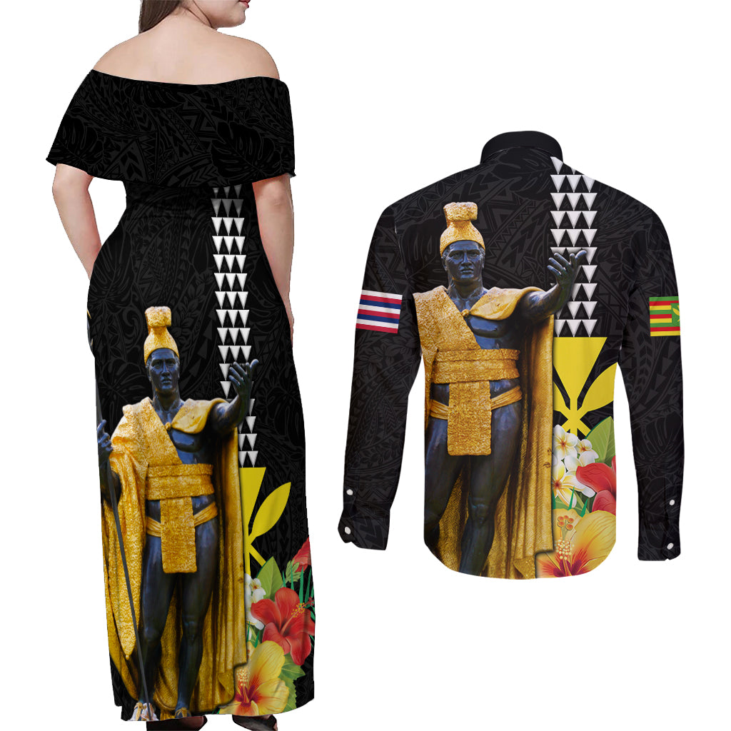 Hawaii King Kamehameha Day Couples Matching Off Shoulder Maxi Dress and Long Sleeve Button Shirt Kanaka Maoli Hibiscus Flower and Kakau Pattern LT03 - Polynesian Pride