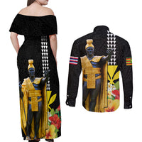 Hawaii King Kamehameha Day Couples Matching Off Shoulder Maxi Dress and Long Sleeve Button Shirt Kanaka Maoli Hibiscus Flower and Kakau Pattern LT03 - Polynesian Pride