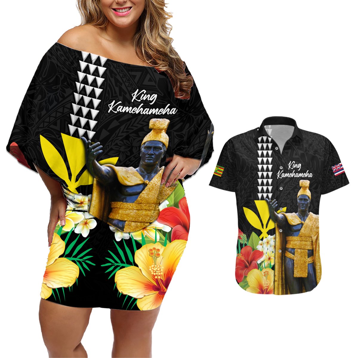 Hawaii King Kamehameha Day Couples Matching Off Shoulder Short Dress and Hawaiian Shirt Kanaka Maoli Hibiscus Flower and Kakau Pattern LT03 Black - Polynesian Pride
