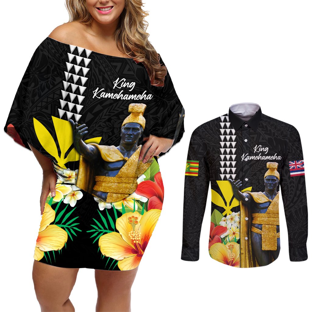 Hawaii King Kamehameha Day Couples Matching Off Shoulder Short Dress and Long Sleeve Button Shirt Kanaka Maoli Hibiscus Flower and Kakau Pattern