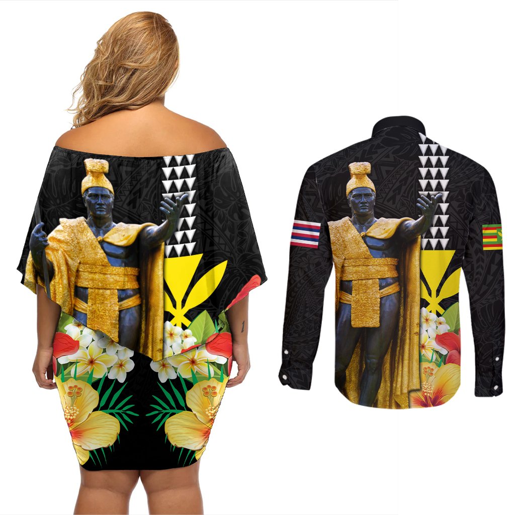 Hawaii King Kamehameha Day Couples Matching Off Shoulder Short Dress and Long Sleeve Button Shirt Kanaka Maoli Hibiscus Flower and Kakau Pattern LT03 - Polynesian Pride