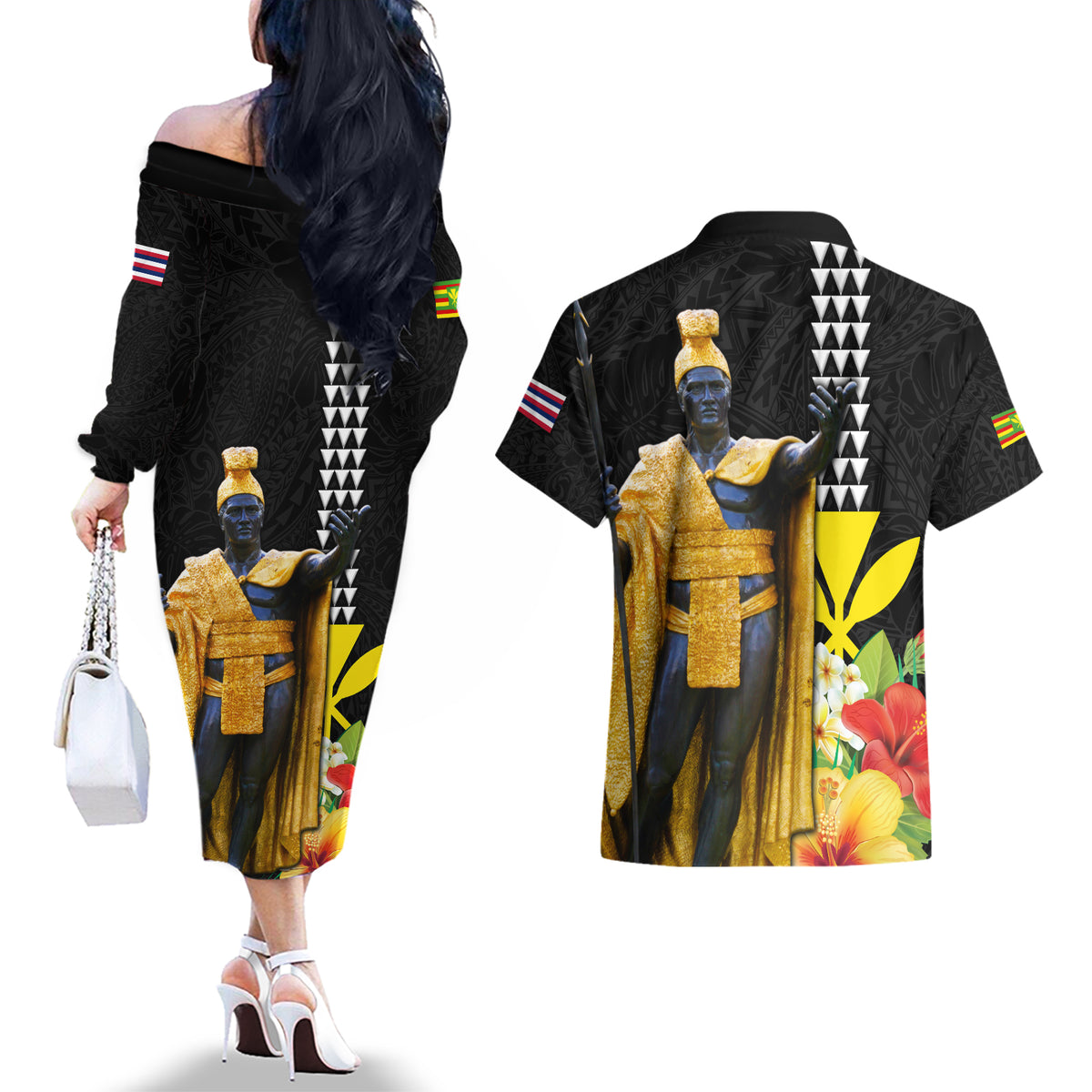 Hawaii King Kamehameha Day Couples Matching Off The Shoulder Long Sleeve Dress and Hawaiian Shirt Kanaka Maoli Hibiscus Flower and Kakau Pattern LT03 - Polynesian Pride