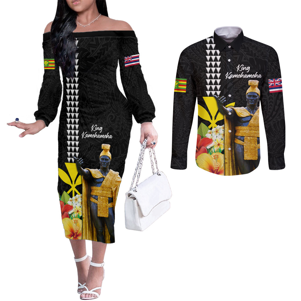 Hawaii King Kamehameha Day Couples Matching Off The Shoulder Long Sleeve Dress and Long Sleeve Button Shirt Kanaka Maoli Hibiscus Flower and Kakau Pattern LT03 Black - Polynesian Pride