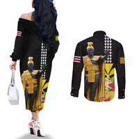 Hawaii King Kamehameha Day Couples Matching Off The Shoulder Long Sleeve Dress and Long Sleeve Button Shirt Kanaka Maoli Hibiscus Flower and Kakau Pattern LT03 - Polynesian Pride