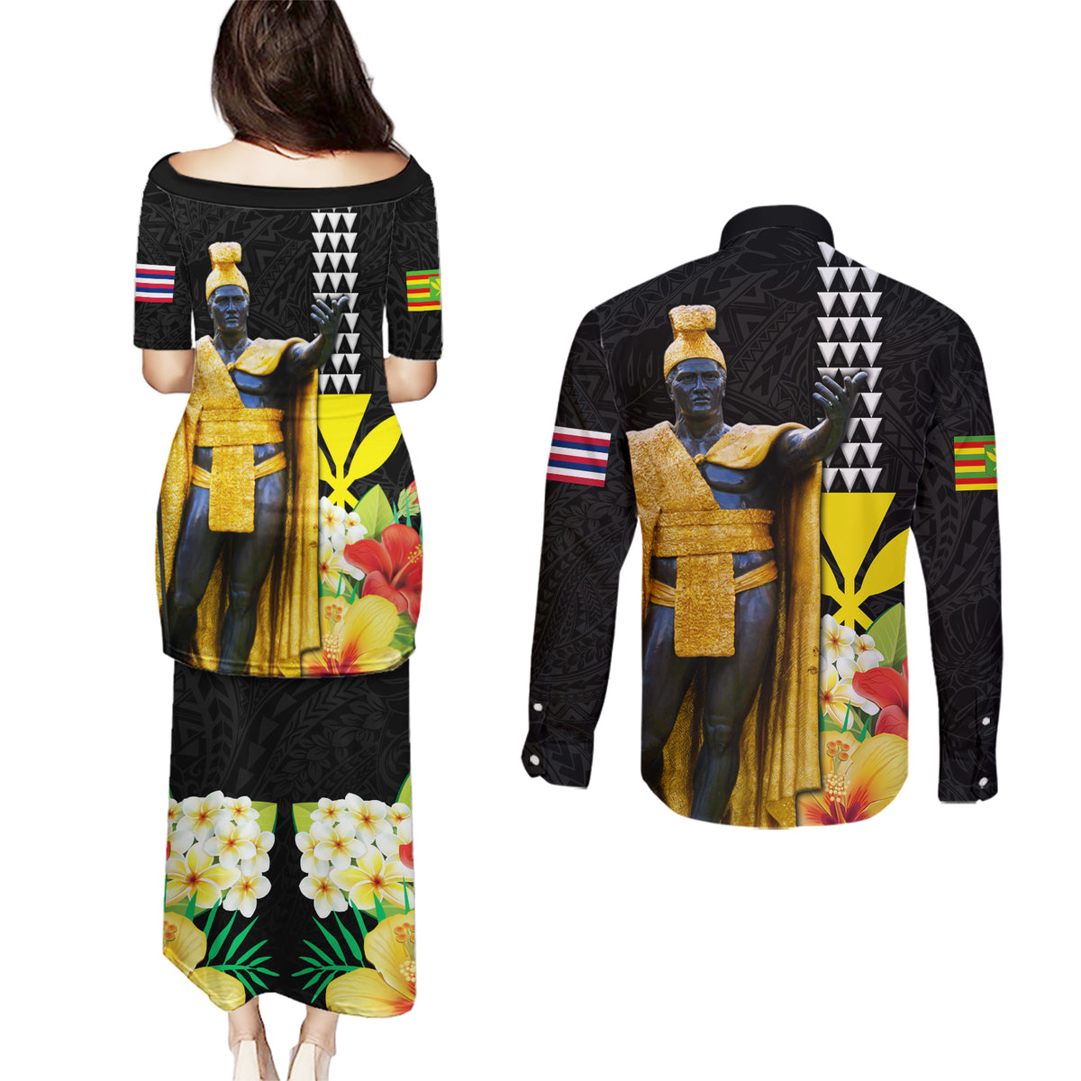 Hawaii King Kamehameha Day Couples Matching Puletasi and Long Sleeve Button Shirt Kanaka Maoli Hibiscus Flower and Kakau Pattern LT03 - Polynesian Pride