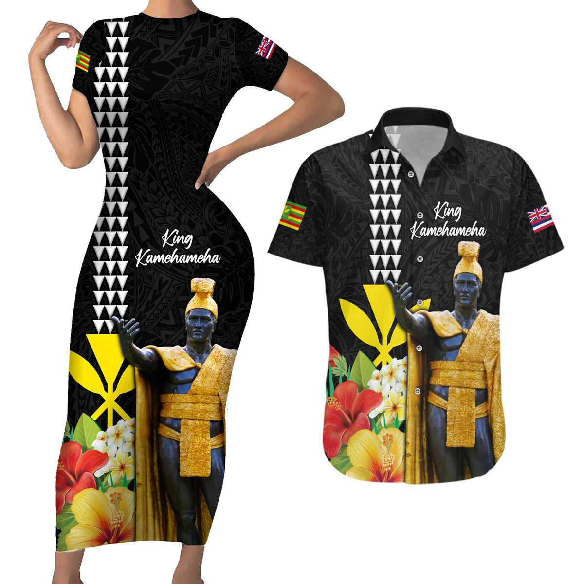 Hawaii King Kamehameha Day Couples Matching Short Sleeve Bodycon Dress and Hawaiian Shirt Kanaka Maoli Hibiscus Flower and Kakau Pattern LT03 Black - Polynesian Pride