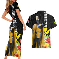 Hawaii King Kamehameha Day Couples Matching Short Sleeve Bodycon Dress and Hawaiian Shirt Kanaka Maoli Hibiscus Flower and Kakau Pattern LT03 - Polynesian Pride