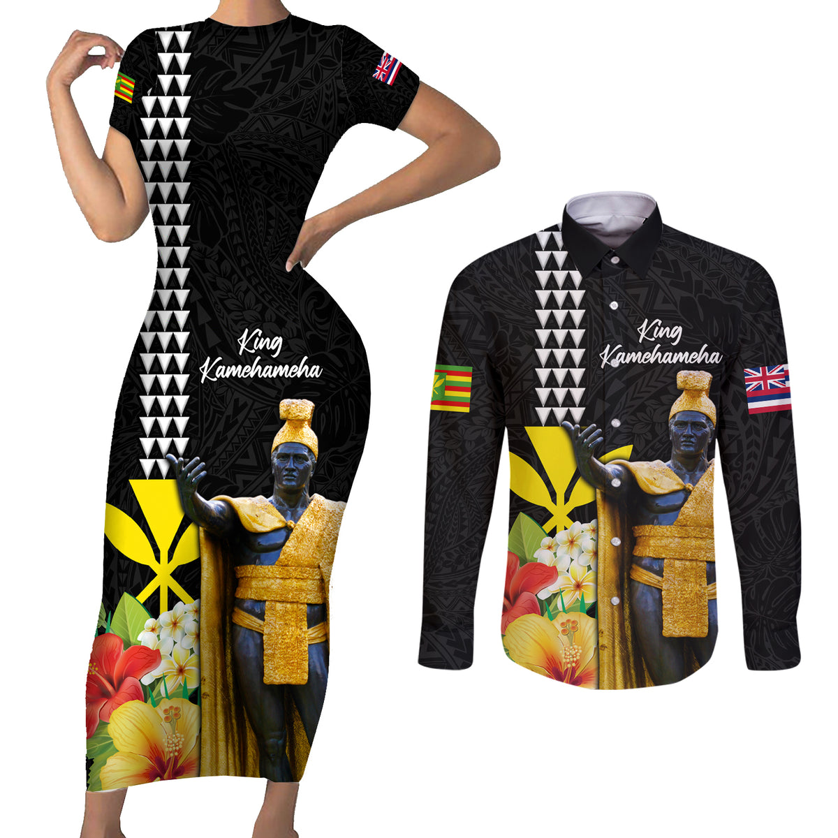 Hawaii King Kamehameha Day Couples Matching Short Sleeve Bodycon Dress and Long Sleeve Button Shirt Kanaka Maoli Hibiscus Flower and Kakau Pattern LT03 Black - Polynesian Pride