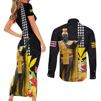 Hawaii King Kamehameha Day Couples Matching Short Sleeve Bodycon Dress and Long Sleeve Button Shirt Kanaka Maoli Hibiscus Flower and Kakau Pattern LT03 - Polynesian Pride