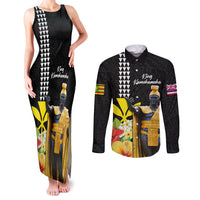 Hawaii King Kamehameha Day Couples Matching Tank Maxi Dress and Long Sleeve Button Shirt Kanaka Maoli Hibiscus Flower and Kakau Pattern LT03 Black - Polynesian Pride