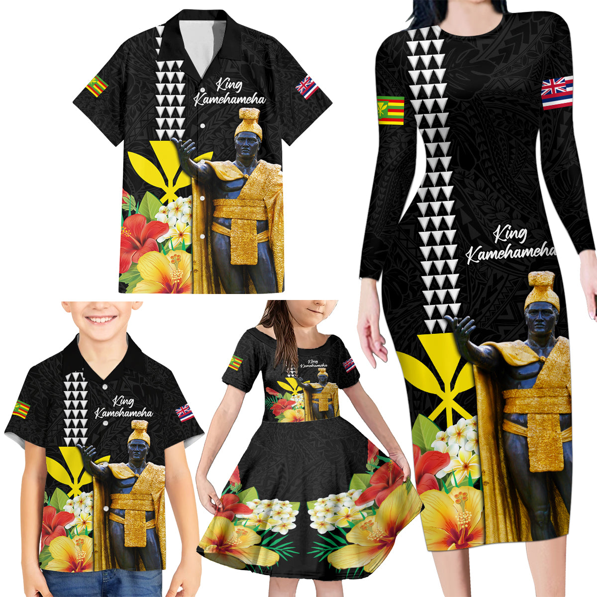Hawaii King Kamehameha Day Family Matching Long Sleeve Bodycon Dress and Hawaiian Shirt Kanaka Maoli Hibiscus Flower and Kakau Pattern LT03 - Polynesian Pride
