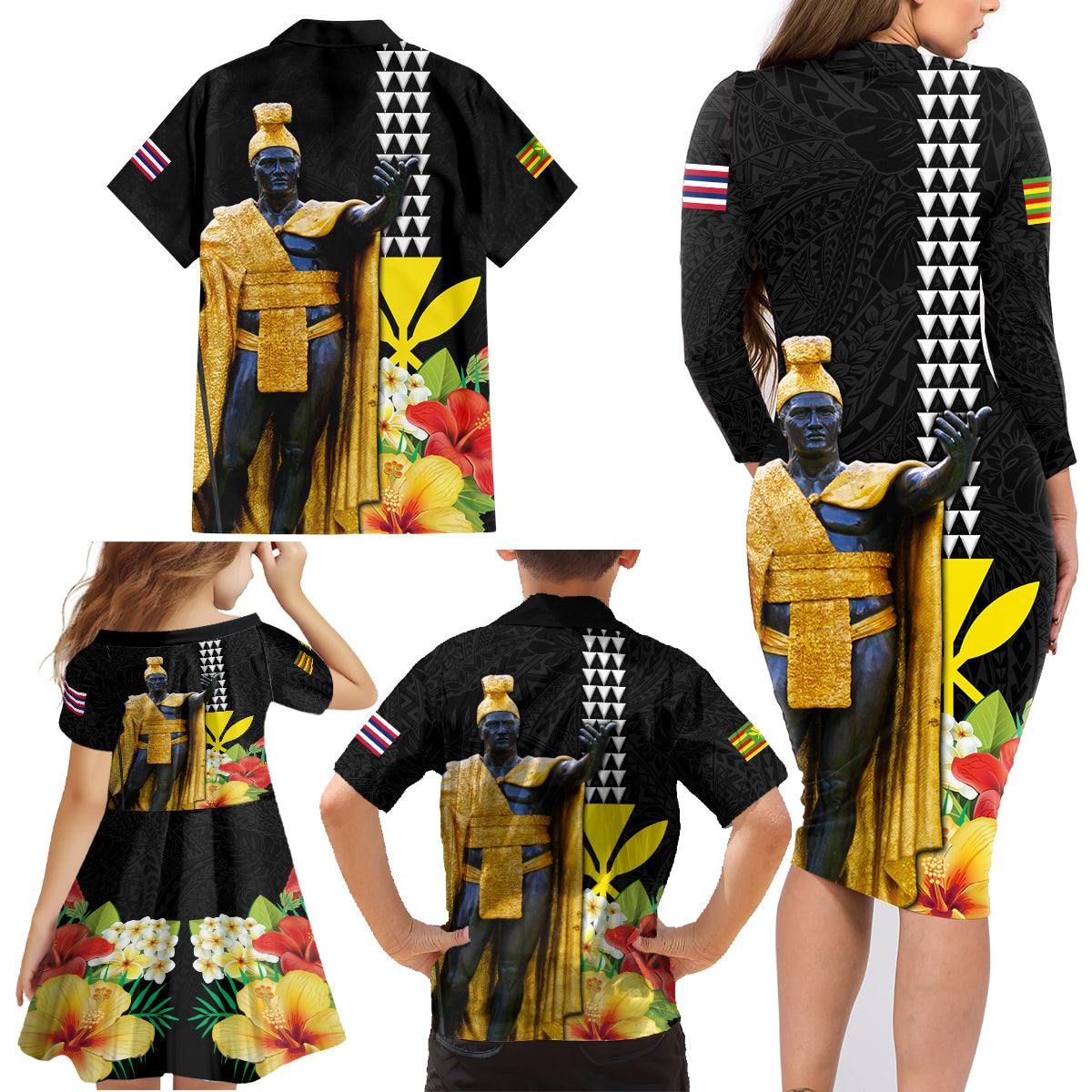 Hawaii King Kamehameha Day Family Matching Long Sleeve Bodycon Dress and Hawaiian Shirt Kanaka Maoli Hibiscus Flower and Kakau Pattern LT03 - Polynesian Pride