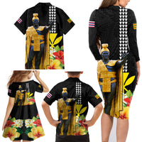 Hawaii King Kamehameha Day Family Matching Long Sleeve Bodycon Dress and Hawaiian Shirt Kanaka Maoli Hibiscus Flower and Kakau Pattern LT03 - Polynesian Pride