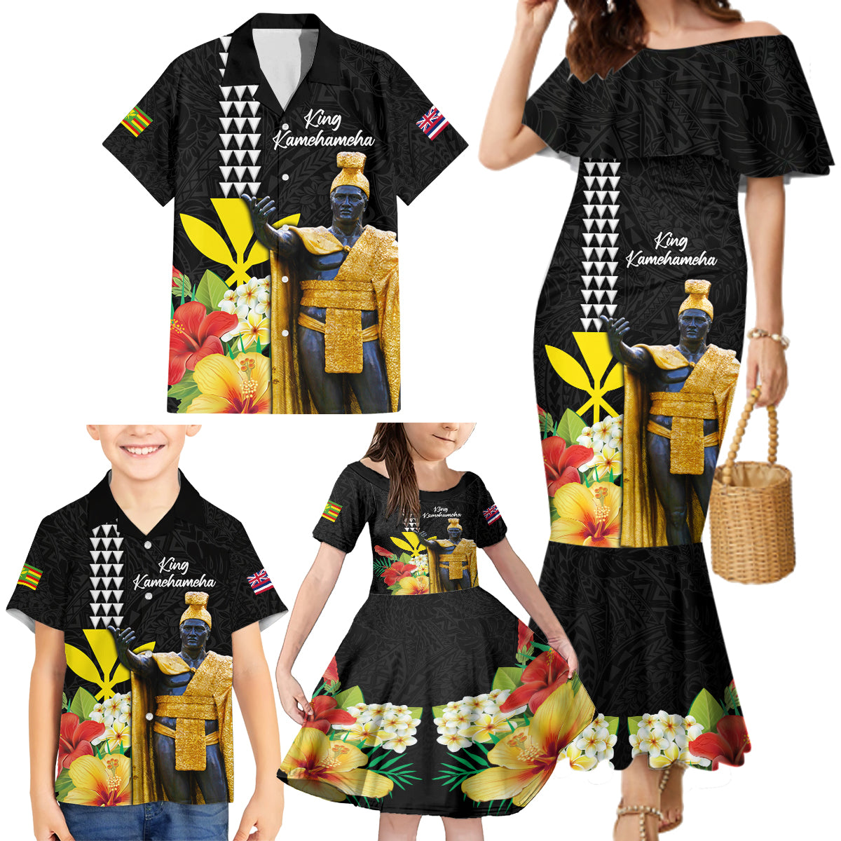 Hawaii King Kamehameha Day Family Matching Mermaid Dress and Hawaiian Shirt Kanaka Maoli Hibiscus Flower and Kakau Pattern LT03 - Polynesian Pride