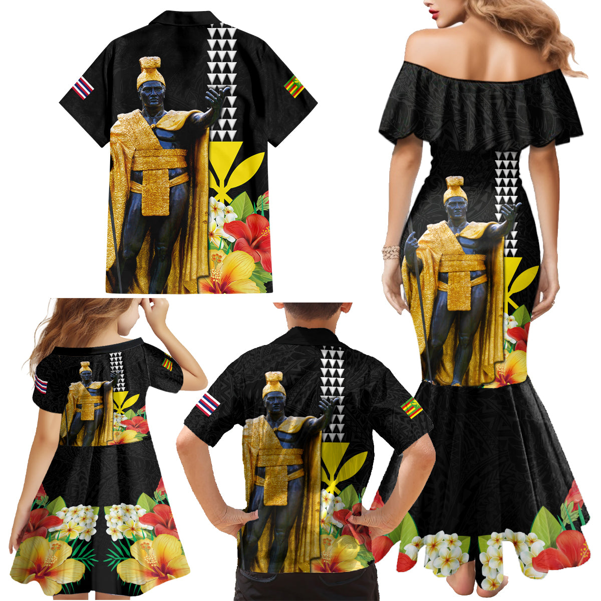 Hawaii King Kamehameha Day Family Matching Mermaid Dress and Hawaiian Shirt Kanaka Maoli Hibiscus Flower and Kakau Pattern LT03 - Polynesian Pride