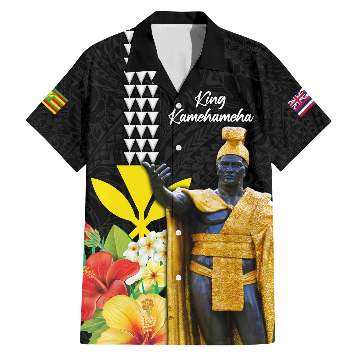 Hawaii King Kamehameha Day Family Matching Mermaid Dress and Hawaiian Shirt Kanaka Maoli Hibiscus Flower and Kakau Pattern LT03 Dad's Shirt - Short Sleeve Black - Polynesian Pride