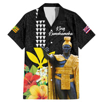 Hawaii King Kamehameha Day Family Matching Mermaid Dress and Hawaiian Shirt Kanaka Maoli Hibiscus Flower and Kakau Pattern LT03 Dad's Shirt - Short Sleeve Black - Polynesian Pride