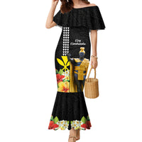 Hawaii King Kamehameha Day Family Matching Mermaid Dress and Hawaiian Shirt Kanaka Maoli Hibiscus Flower and Kakau Pattern LT03 Mom's Dress Black - Polynesian Pride