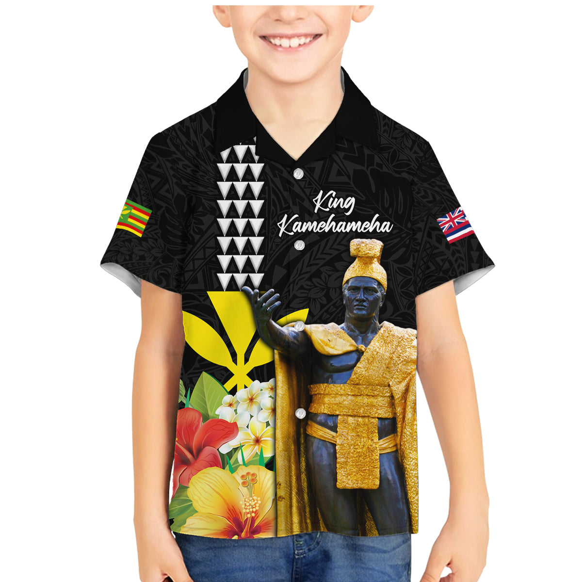 Hawaii King Kamehameha Day Family Matching Mermaid Dress and Hawaiian Shirt Kanaka Maoli Hibiscus Flower and Kakau Pattern LT03 Son's Shirt Black - Polynesian Pride