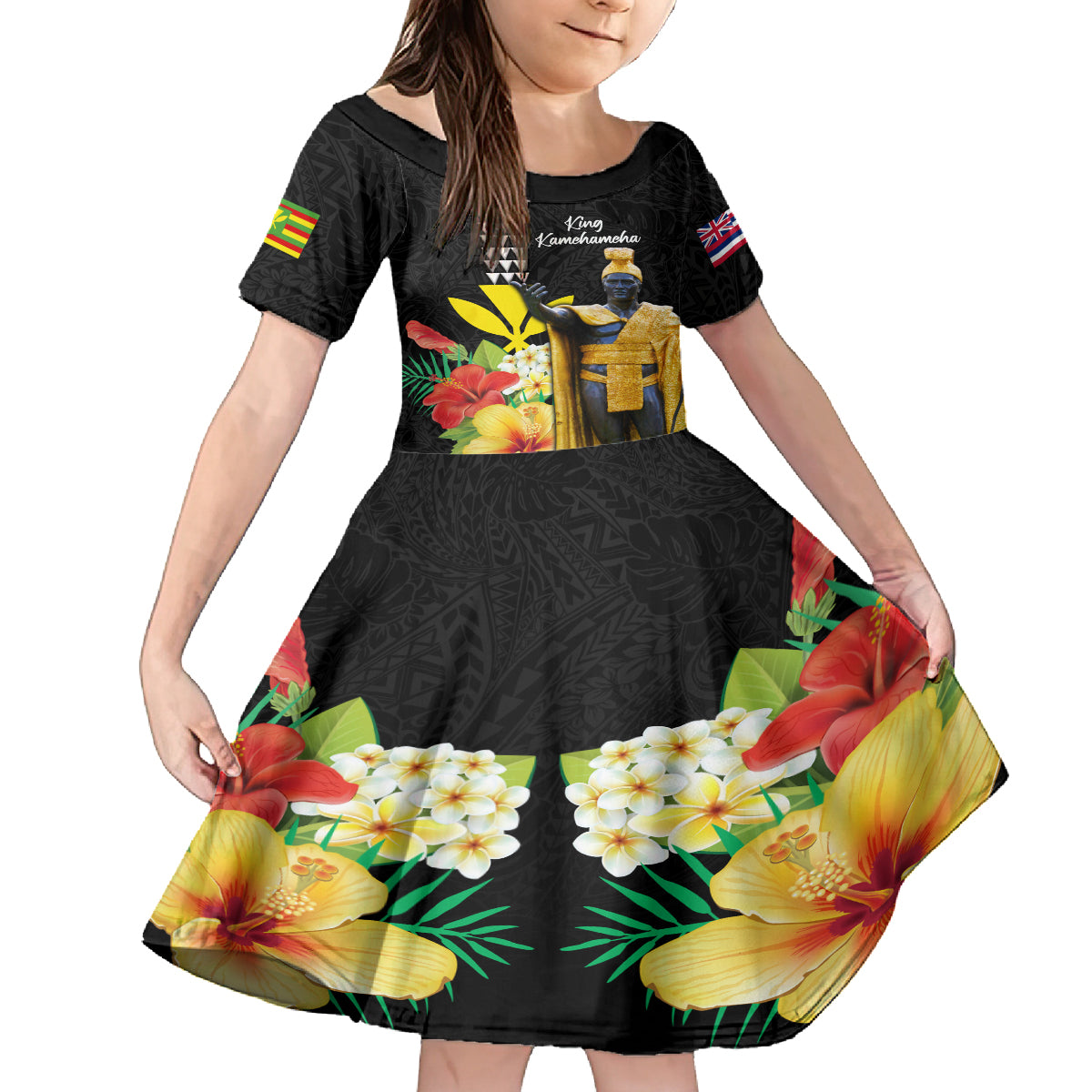 Hawaii King Kamehameha Day Family Matching Off The Shoulder Long Sleeve Dress and Hawaiian Shirt Kanaka Maoli Hibiscus Flower and Kakau Pattern LT03 Daughter's Dress Black - Polynesian Pride