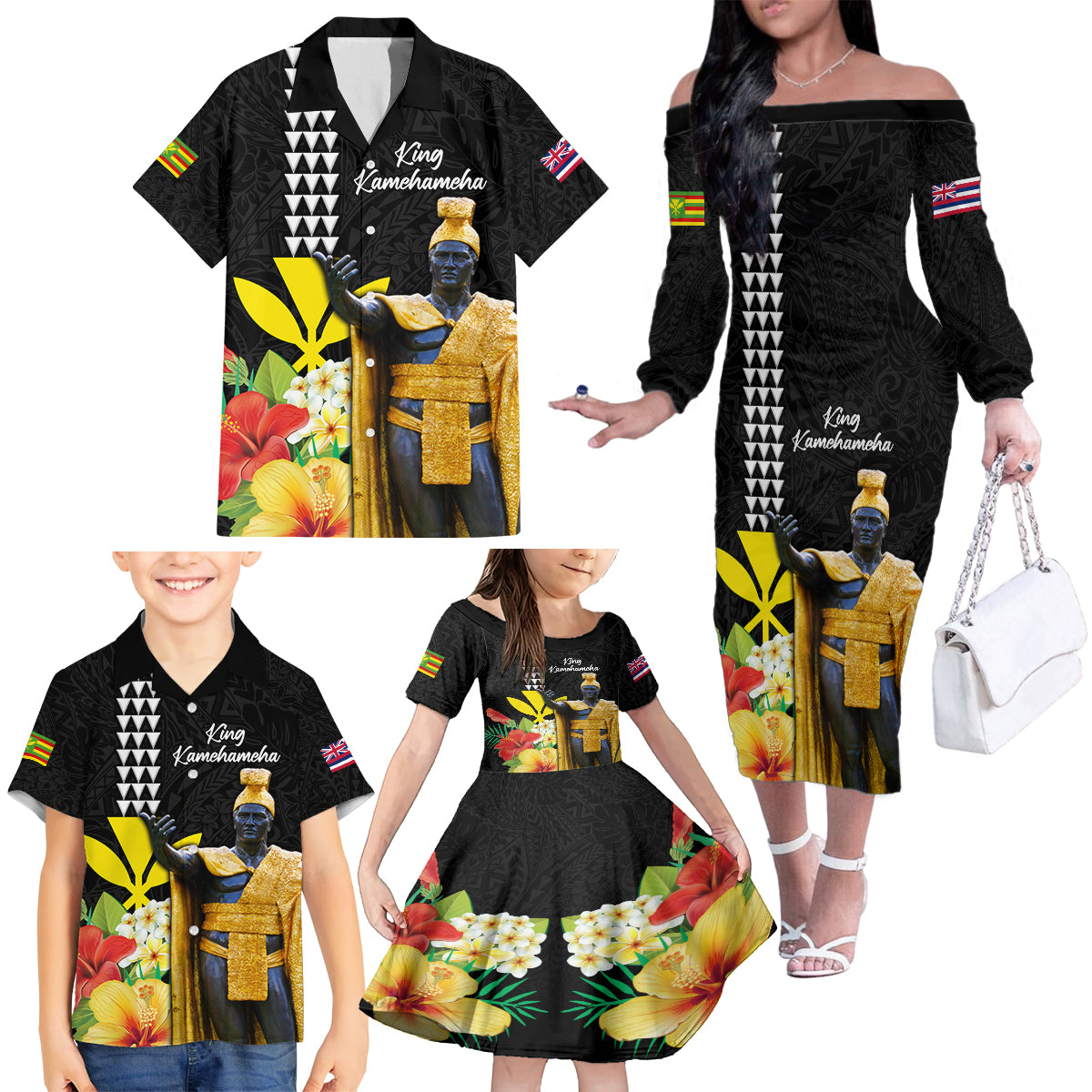Hawaii King Kamehameha Day Family Matching Off The Shoulder Long Sleeve Dress and Hawaiian Shirt Kanaka Maoli Hibiscus Flower and Kakau Pattern LT03 - Polynesian Pride