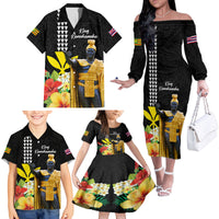 Hawaii King Kamehameha Day Family Matching Off The Shoulder Long Sleeve Dress and Hawaiian Shirt Kanaka Maoli Hibiscus Flower and Kakau Pattern LT03 - Polynesian Pride