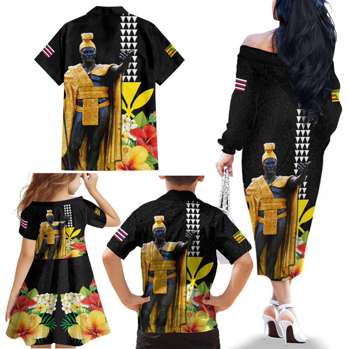 Hawaii King Kamehameha Day Family Matching Off The Shoulder Long Sleeve Dress and Hawaiian Shirt Kanaka Maoli Hibiscus Flower and Kakau Pattern LT03 - Polynesian Pride