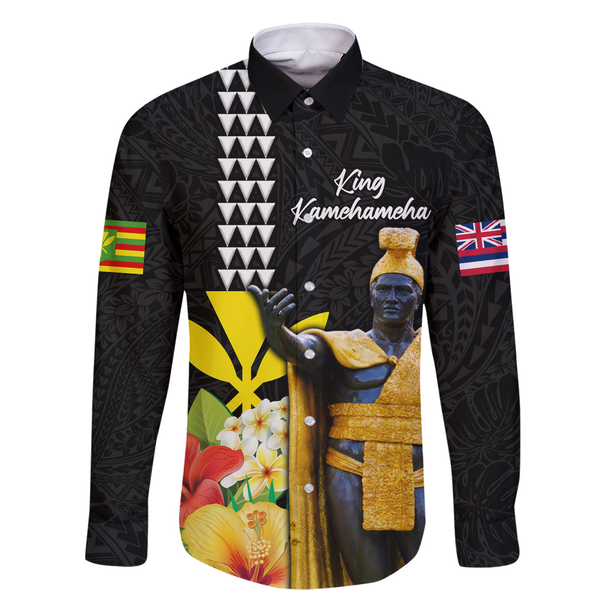 Hawaii King Kamehameha Day Family Matching Off The Shoulder Long Sleeve Dress and Hawaiian Shirt Kanaka Maoli Hibiscus Flower and Kakau Pattern LT03 Dad's Shirt - Long Sleeve Black - Polynesian Pride