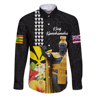 Hawaii King Kamehameha Day Family Matching Off Shoulder Maxi Dress and Hawaiian Shirt Kanaka Maoli Hibiscus Flower and Kakau Pattern LT03 Dad's Shirt - Long Sleeve Black - Polynesian Pride