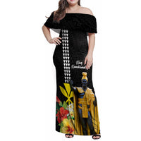 Hawaii King Kamehameha Day Family Matching Off Shoulder Maxi Dress and Hawaiian Shirt Kanaka Maoli Hibiscus Flower and Kakau Pattern LT03 Mom's Dress Black - Polynesian Pride