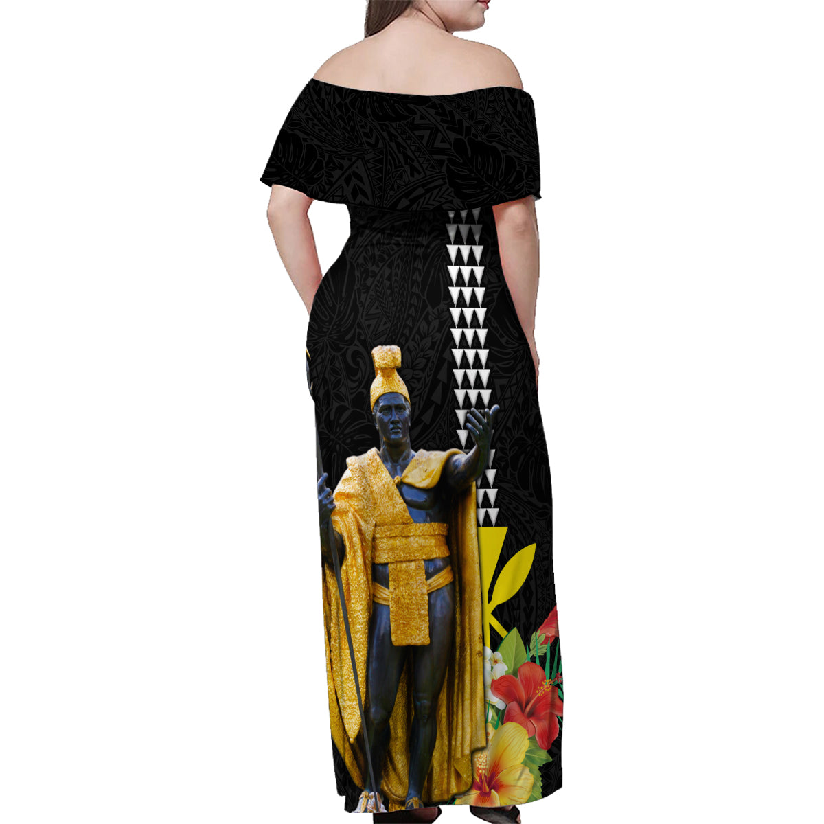 Hawaii King Kamehameha Day Family Matching Off Shoulder Maxi Dress and Hawaiian Shirt Kanaka Maoli Hibiscus Flower and Kakau Pattern LT03 - Polynesian Pride