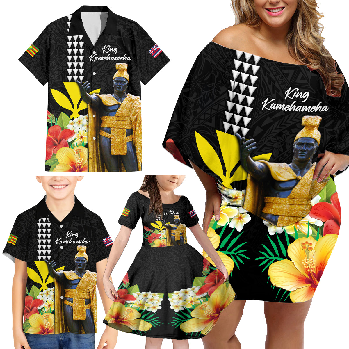 Hawaii King Kamehameha Day Family Matching Off Shoulder Short Dress and Hawaiian Shirt Kanaka Maoli Hibiscus Flower and Kakau Pattern LT03 - Polynesian Pride