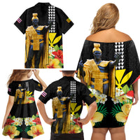 Hawaii King Kamehameha Day Family Matching Off Shoulder Short Dress and Hawaiian Shirt Kanaka Maoli Hibiscus Flower and Kakau Pattern LT03 - Polynesian Pride
