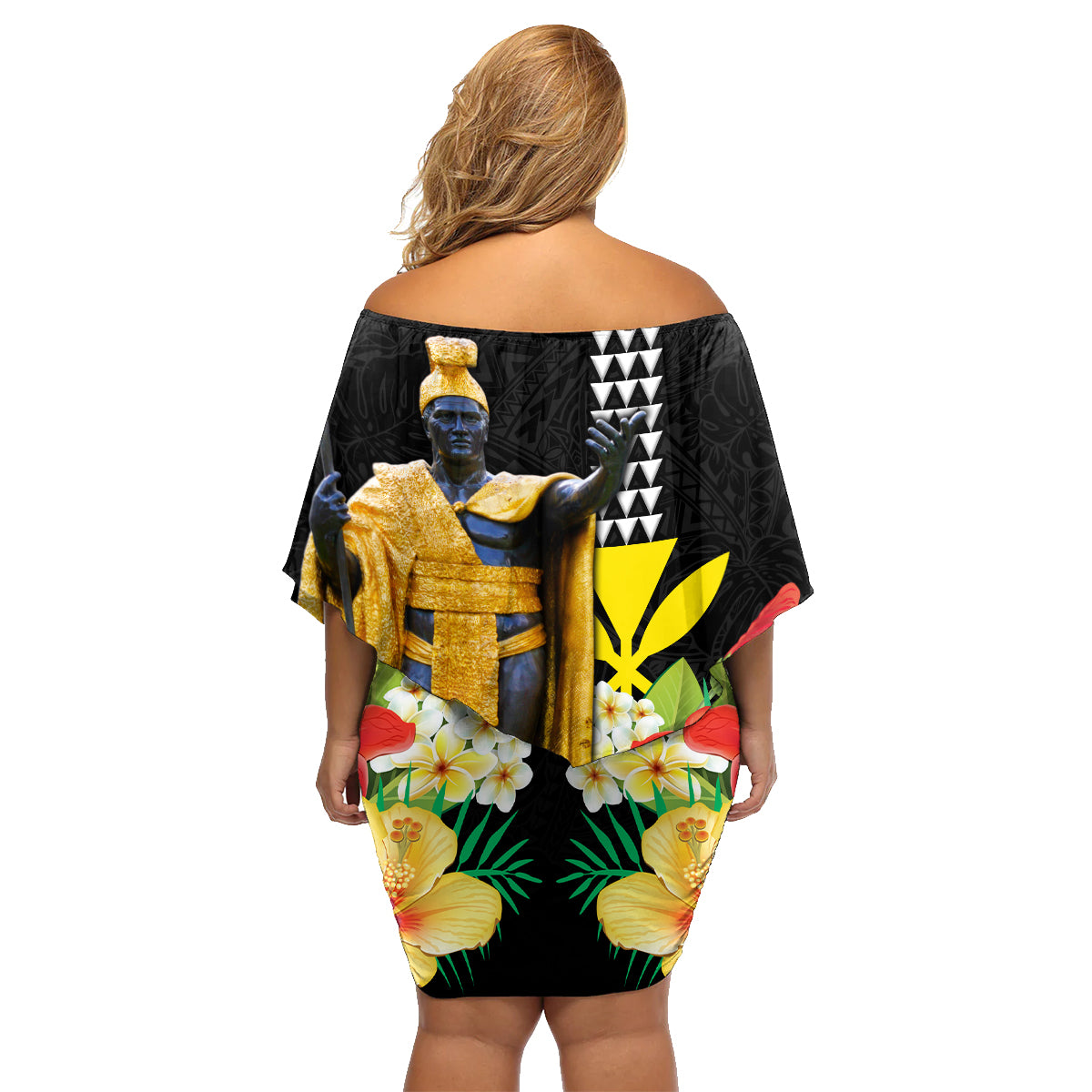 Hawaii King Kamehameha Day Family Matching Off Shoulder Short Dress and Hawaiian Shirt Kanaka Maoli Hibiscus Flower and Kakau Pattern LT03 - Polynesian Pride