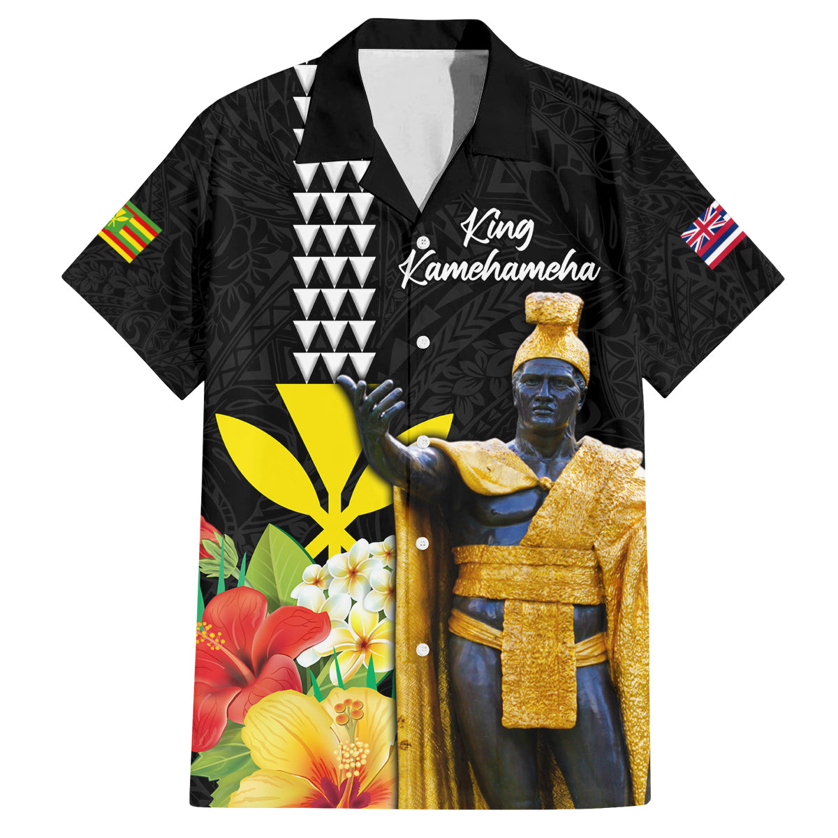 Hawaii King Kamehameha Day Family Matching Puletasi and Hawaiian Shirt Kanaka Maoli Hibiscus Flower and Kakau Pattern LT03 Dad's Shirt - Short Sleeve Black - Polynesian Pride