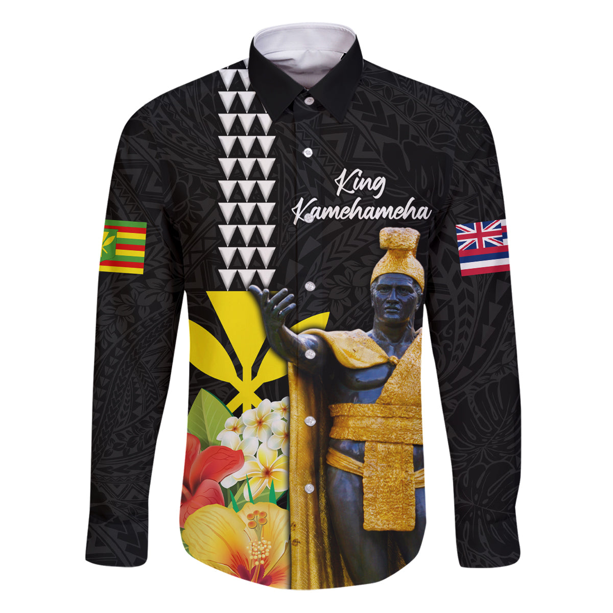 Hawaii King Kamehameha Day Family Matching Puletasi and Hawaiian Shirt Kanaka Maoli Hibiscus Flower and Kakau Pattern LT03 Dad's Shirt - Long Sleeve Black - Polynesian Pride