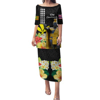 Hawaii King Kamehameha Day Family Matching Puletasi and Hawaiian Shirt Kanaka Maoli Hibiscus Flower and Kakau Pattern LT03 Mom's Dress Black - Polynesian Pride