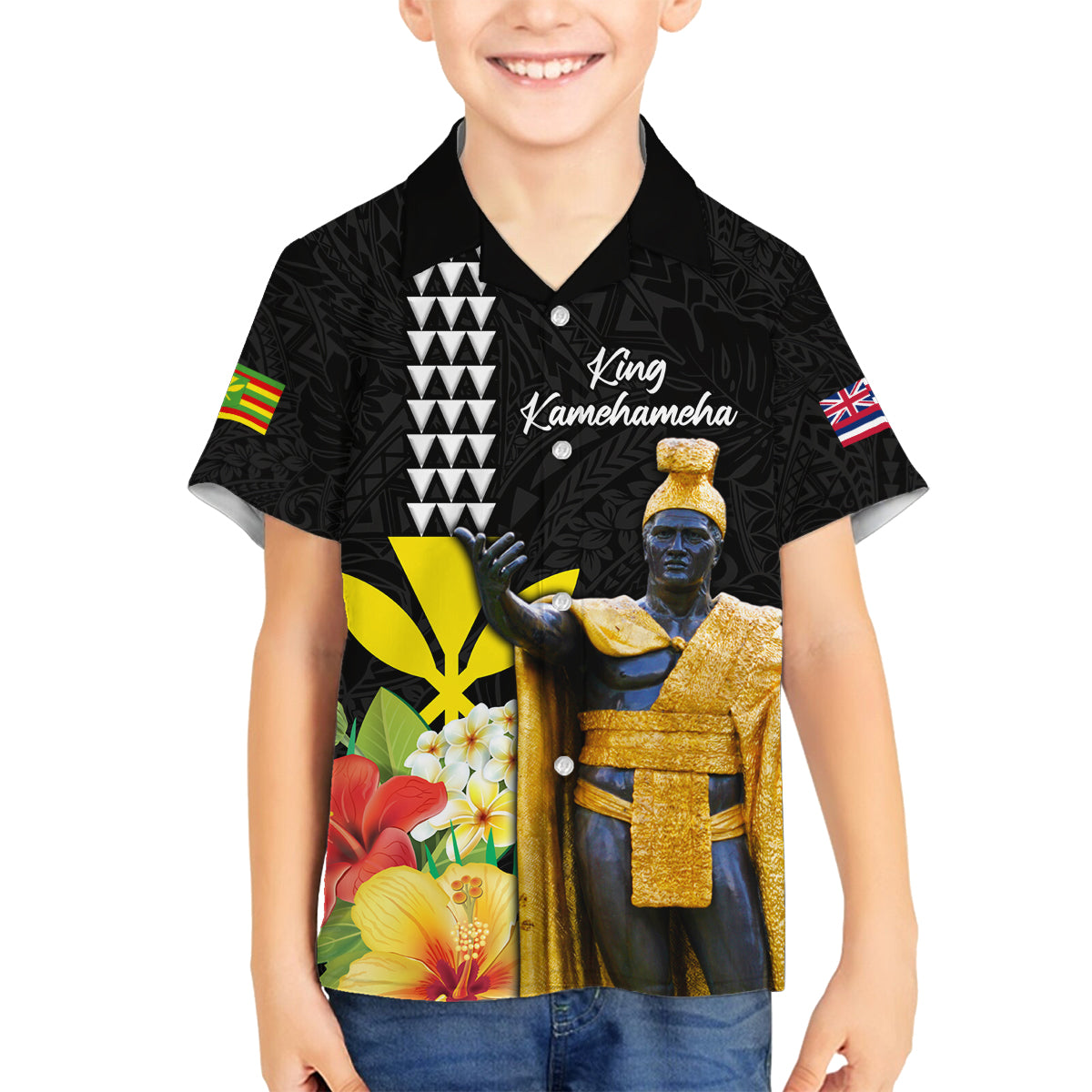 Hawaii King Kamehameha Day Family Matching Puletasi and Hawaiian Shirt Kanaka Maoli Hibiscus Flower and Kakau Pattern LT03 Son's Shirt Black - Polynesian Pride