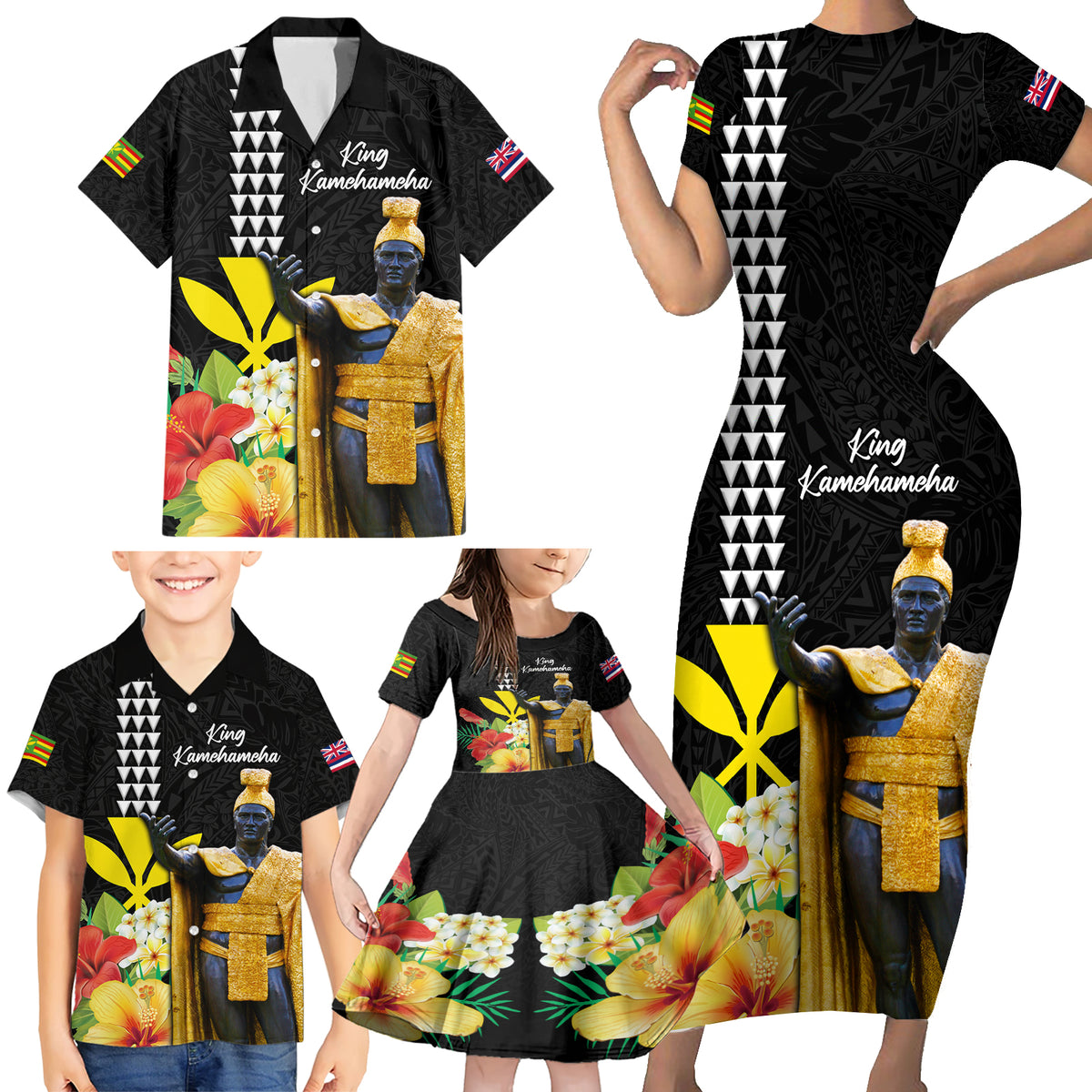 Hawaii King Kamehameha Day Family Matching Short Sleeve Bodycon Dress and Hawaiian Shirt Kanaka Maoli Hibiscus Flower and Kakau Pattern LT03 - Polynesian Pride