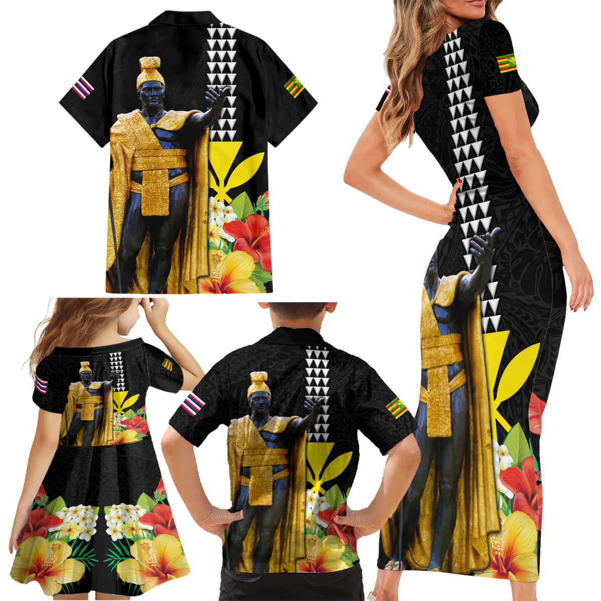 Hawaii King Kamehameha Day Family Matching Short Sleeve Bodycon Dress and Hawaiian Shirt Kanaka Maoli Hibiscus Flower and Kakau Pattern LT03 - Polynesian Pride