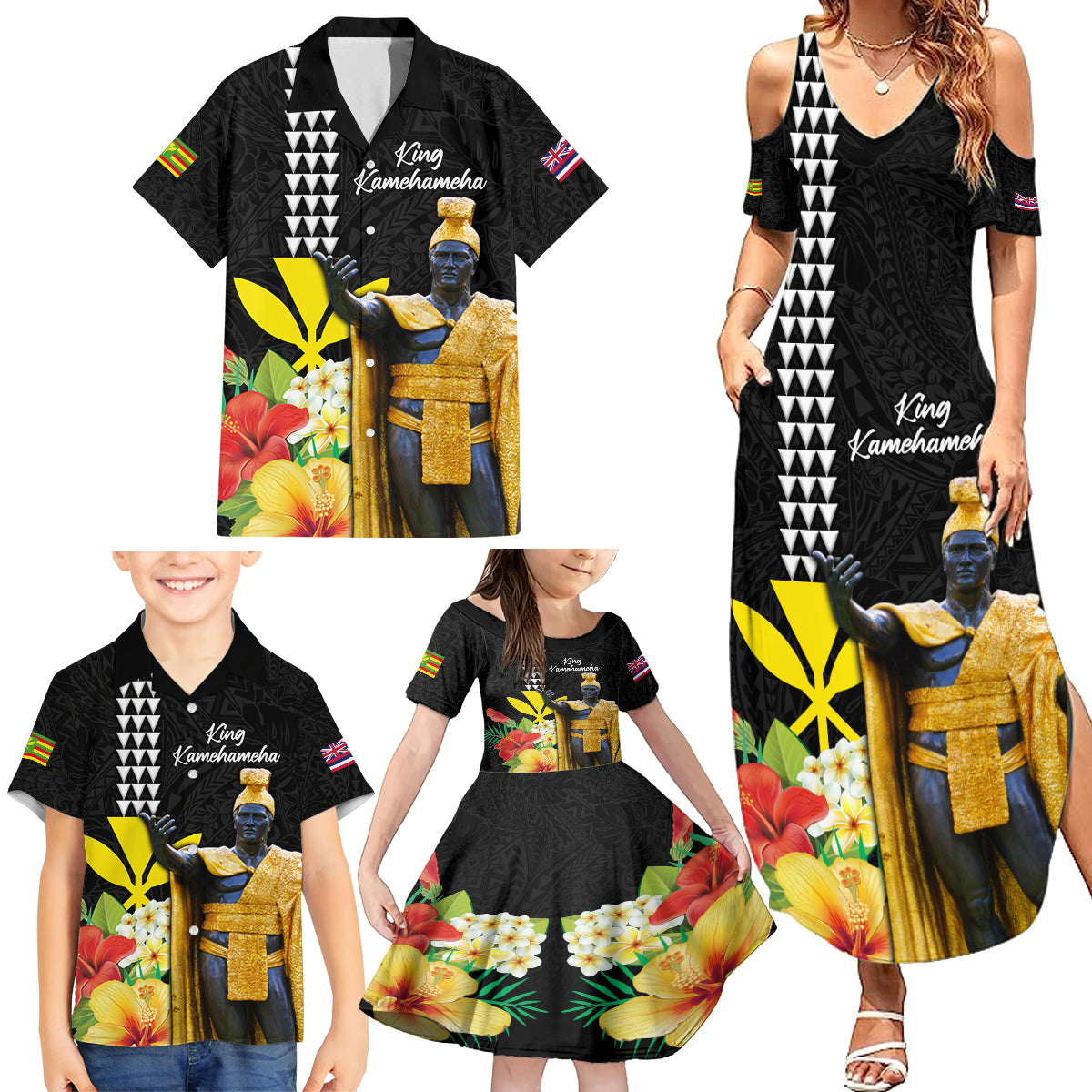 Hawaii King Kamehameha Day Family Matching Summer Maxi Dress and Hawaiian Shirt Kanaka Maoli Hibiscus Flower and Kakau Pattern LT03 - Polynesian Pride