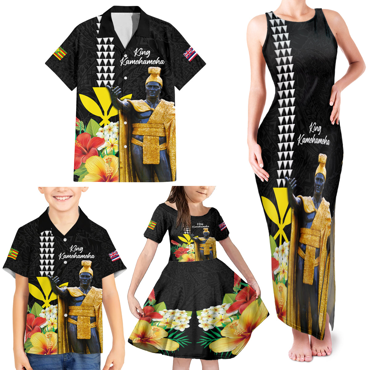 Hawaii King Kamehameha Day Family Matching Tank Maxi Dress and Hawaiian Shirt Kanaka Maoli Hibiscus Flower and Kakau Pattern LT03 - Polynesian Pride