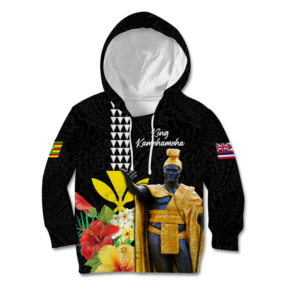Hawaii King Kamehameha Day Kid Hoodie Kanaka Maoli Hibiscus Flower and Kakau Pattern LT03 Hoodie Black - Polynesian Pride