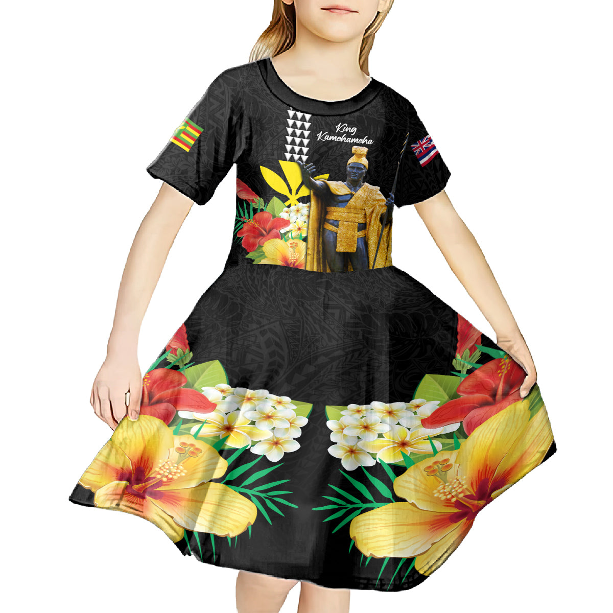 Hawaii King Kamehameha Day Kid Short Sleeve Dress Kanaka Maoli Hibiscus Flower and Kakau Pattern LT03 - Polynesian Pride