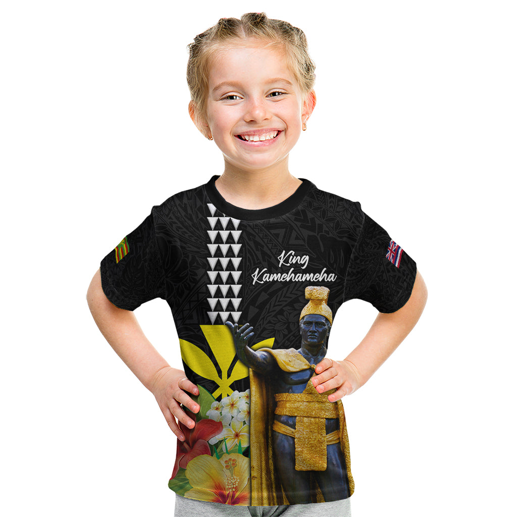 Hawaii King Kamehameha Day Kid T Shirt Kanaka Maoli Hibiscus Flower and Kakau Pattern LT03 Black - Polynesian Pride