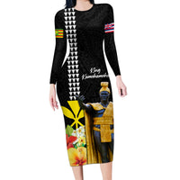 Hawaii King Kamehameha Day Long Sleeve Bodycon Dress Kanaka Maoli Hibiscus Flower and Kakau Pattern LT03 Long Dress Black - Polynesian Pride