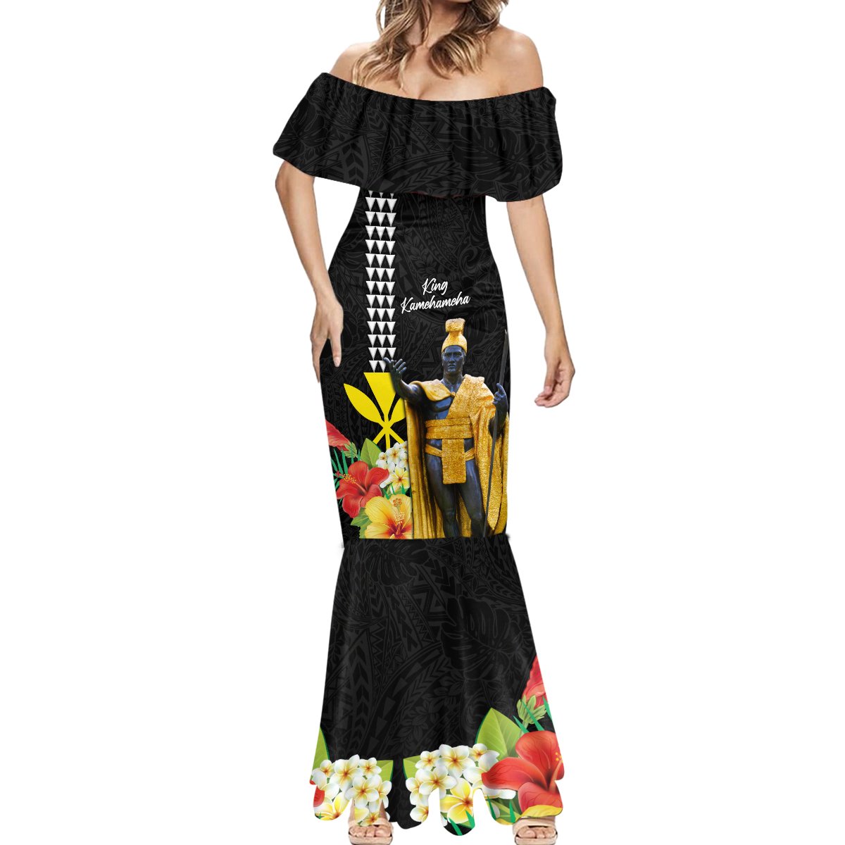 Hawaii King Kamehameha Day Mermaid Dress Kanaka Maoli Hibiscus Flower and Kakau Pattern LT03 - Polynesian Pride