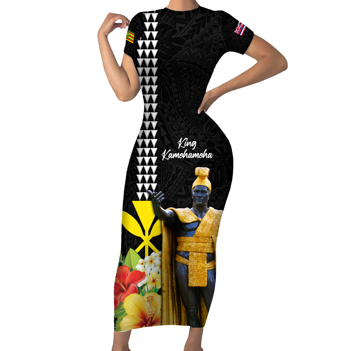 Hawaii King Kamehameha Day Short Sleeve Bodycon Dress Kanaka Maoli Hibiscus Flower and Kakau Pattern LT03 Long Dress Black - Polynesian Pride