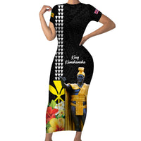 Hawaii King Kamehameha Day Short Sleeve Bodycon Dress Kanaka Maoli Hibiscus Flower and Kakau Pattern LT03 Long Dress Black - Polynesian Pride