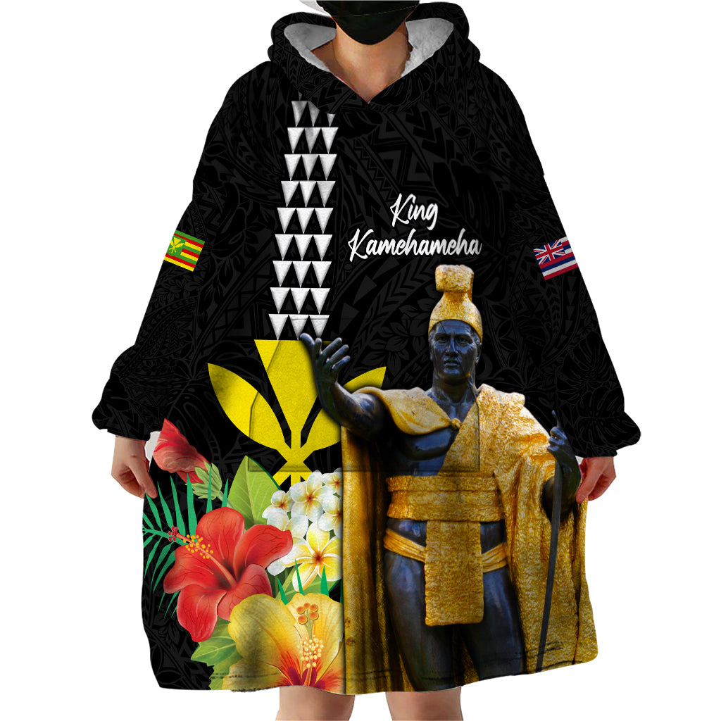Hawaii King Kamehameha Day Wearable Blanket Hoodie Kanaka Maoli Hibiscus Flower and Kakau Pattern LT03 - Polynesian Pride